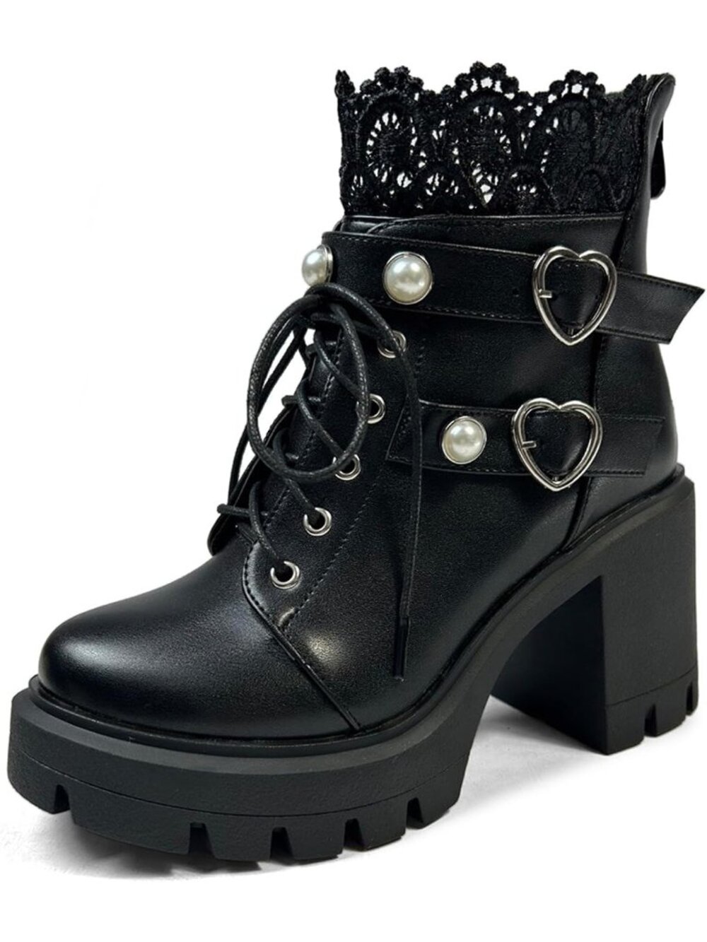 Women's Buckle Black Goth Boots Chunky Heel Boots Combat Rivets Punk Goth Boots